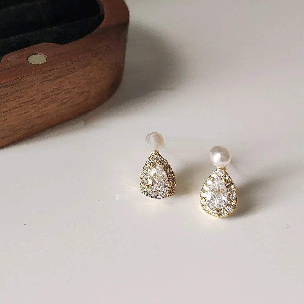 Mini 14K Gold Plated Copper Teardrop Stud Earrings With Micro Pave Zircon For Women