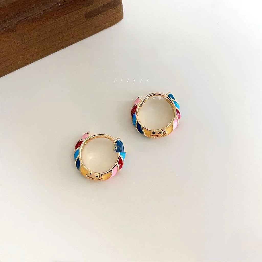 Sweet Minimalist Colorful Enamel Round Geometric Copper Stud Earrings For Daily Wear