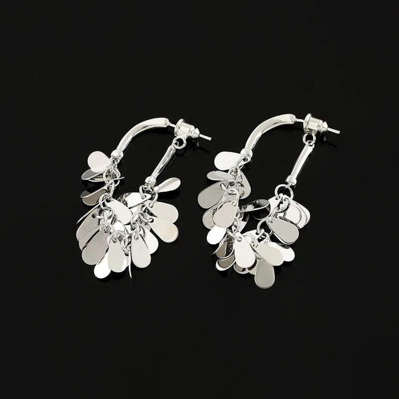 Luxury Wheat Tassel Alloy Sequin Hoop Stud & Clip On No Piercing Face Slimming Drop Earrings
