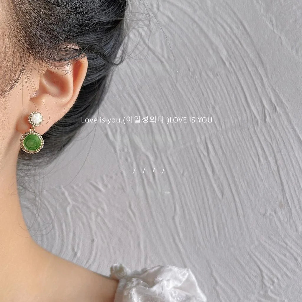 14K Plated Round Green Zircon Stud Earrings, Fresh Summer Colorblock Style