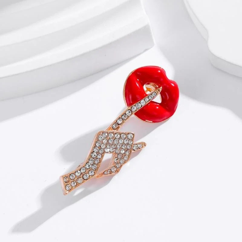 Cute Red Lips Shush Hand Brooch With Rhinestone And Enamel, Elegant Lapel Pin Suit Accessory Gift