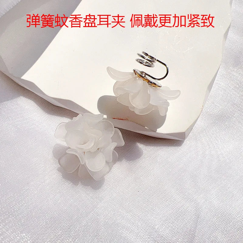 Elegant White Acrylic 3D Flower Petal Stud & Clip On No Piercing French Bridal Statement Earrings