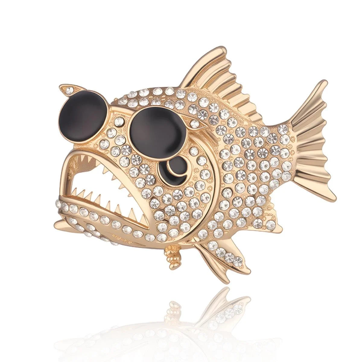 Luxury Rhinestone Piranha Fish Brooch In Gold Alloy With Black Enamel Eyes, Ocean Lapel Pin Gift