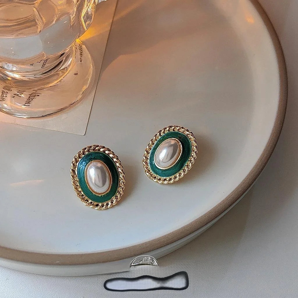 French Court Vintage Oval Enamel Pearl Copper Stud Earrings With Silver Plated Posts