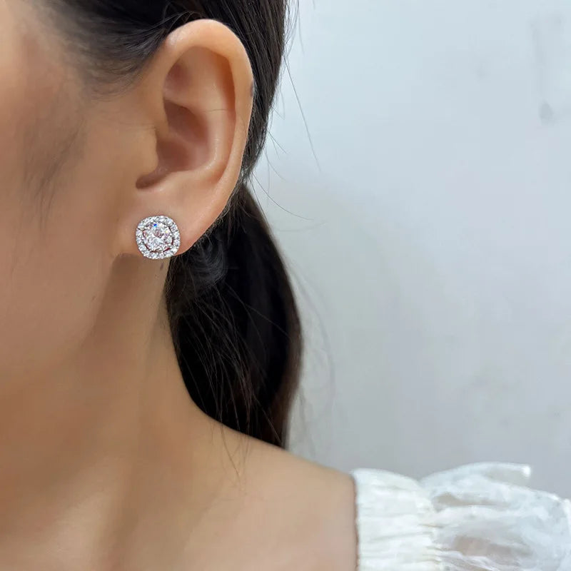 Elegant Square Halo Zircon Stud & Clip On No Piercing For Women Luxury Sparkling Alloy Earrings