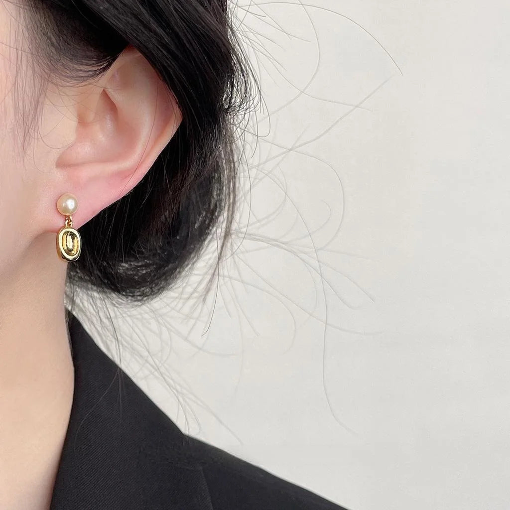 Freshwater Pearl Geometric Oval Drop Earrings, 14K Plated Minimalist Copper Jewelry