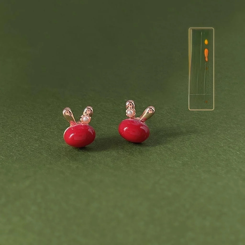 Sweet Red Rabbit Copper Stud Earrings Cute Animal Design Minimalist Everyday Jewelry