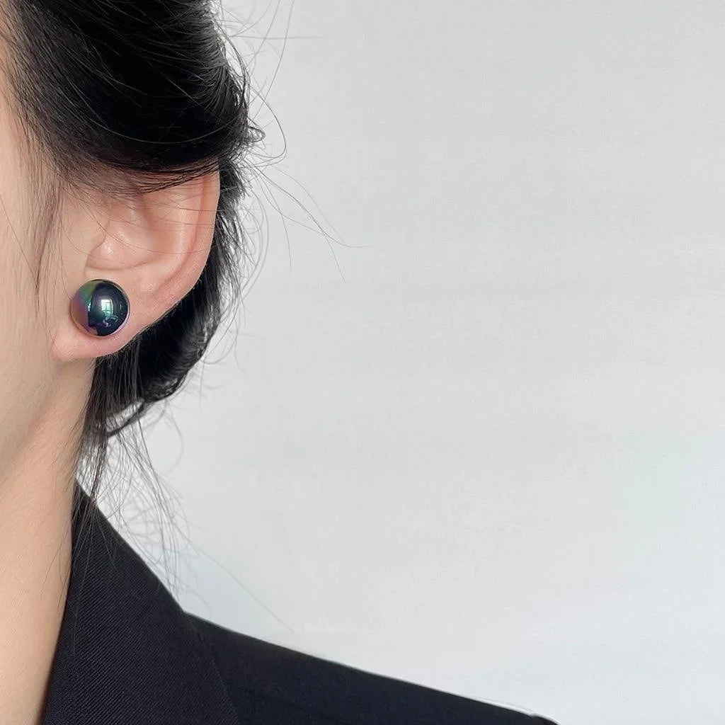 French Light Luxury Iridescent Black Glass Pearl Geometric Round Stud Earrings For Women
