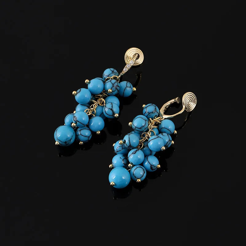 Elegant Blue Turquoise Stone Grape Cluster Dangle Stud & Clip On No Piercing Alloy Rhinestone Earrings