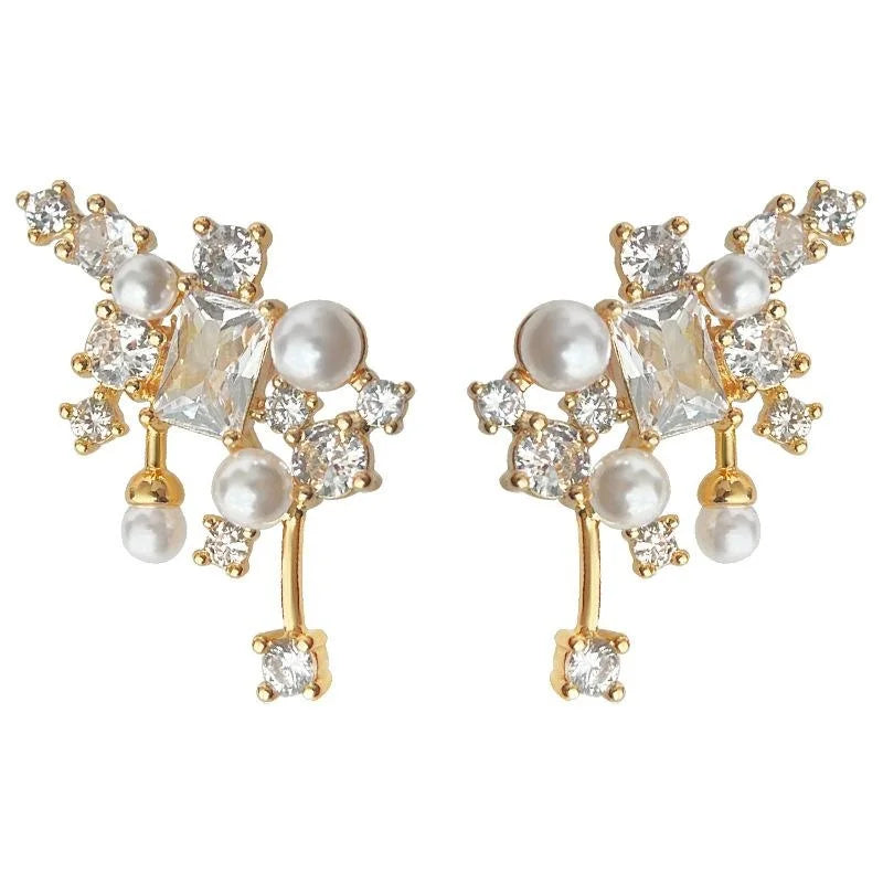 Original Design Sweet Elegant 14K Plated Copper Star Stud Earrings With Pearl And Micro Pave Zircon