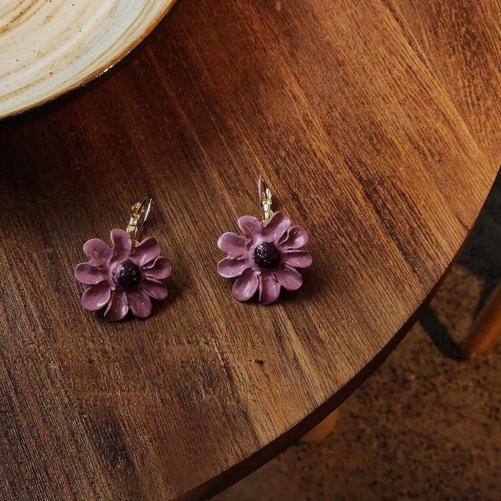 Korean French Style Purple Daisy Flower Metal Drop Earrings For Women Sweet Floral Jewelry