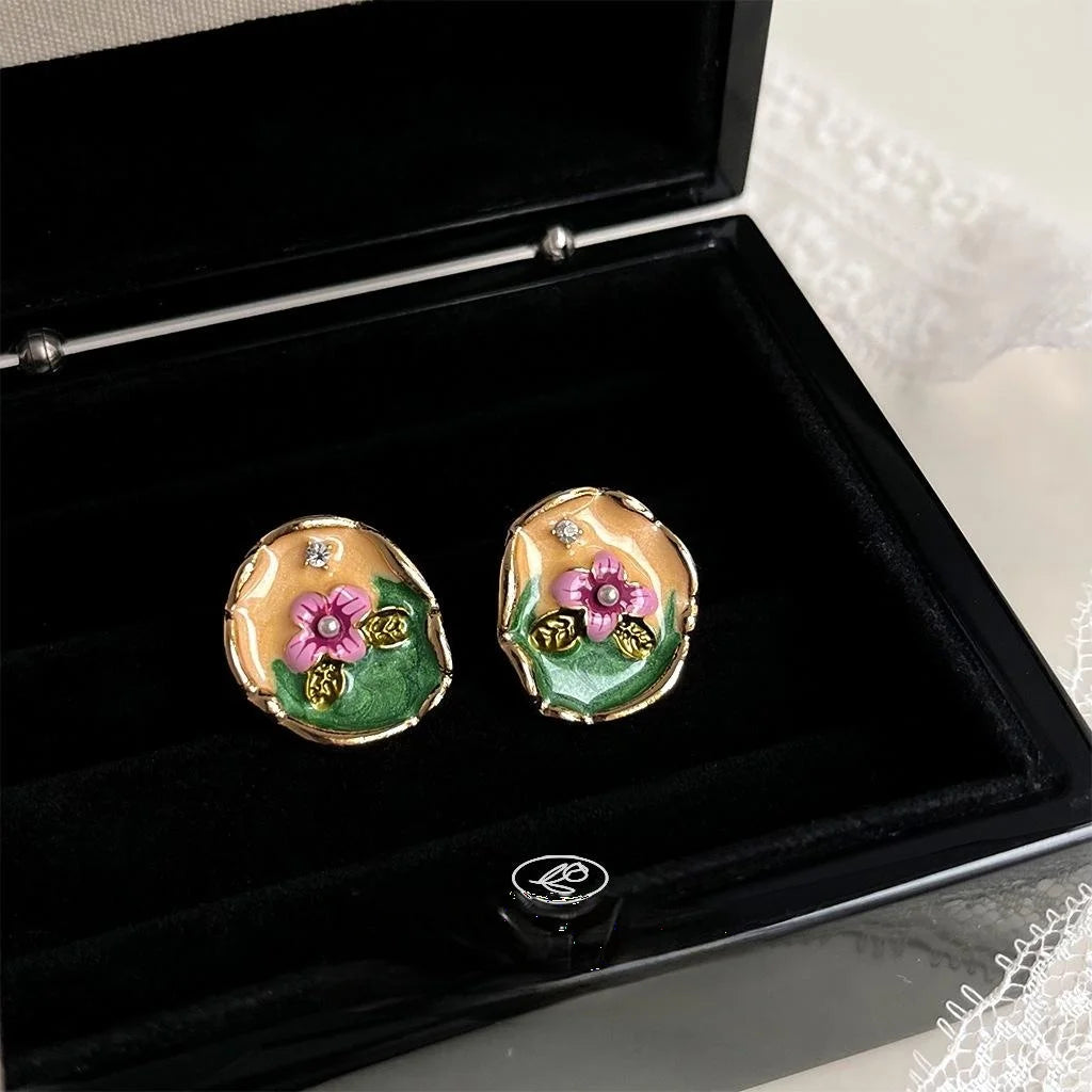 Copper 14K Gold Plated Enamel Painted Flower Stud Earrings Vintage Chinese Style