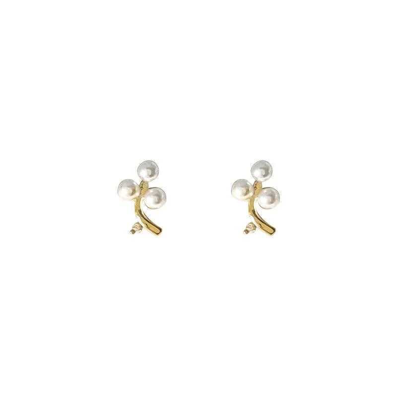 French Vintage Copper Pearl Grape Cluster Stud Earrings With Micro Pave Zircon Flower