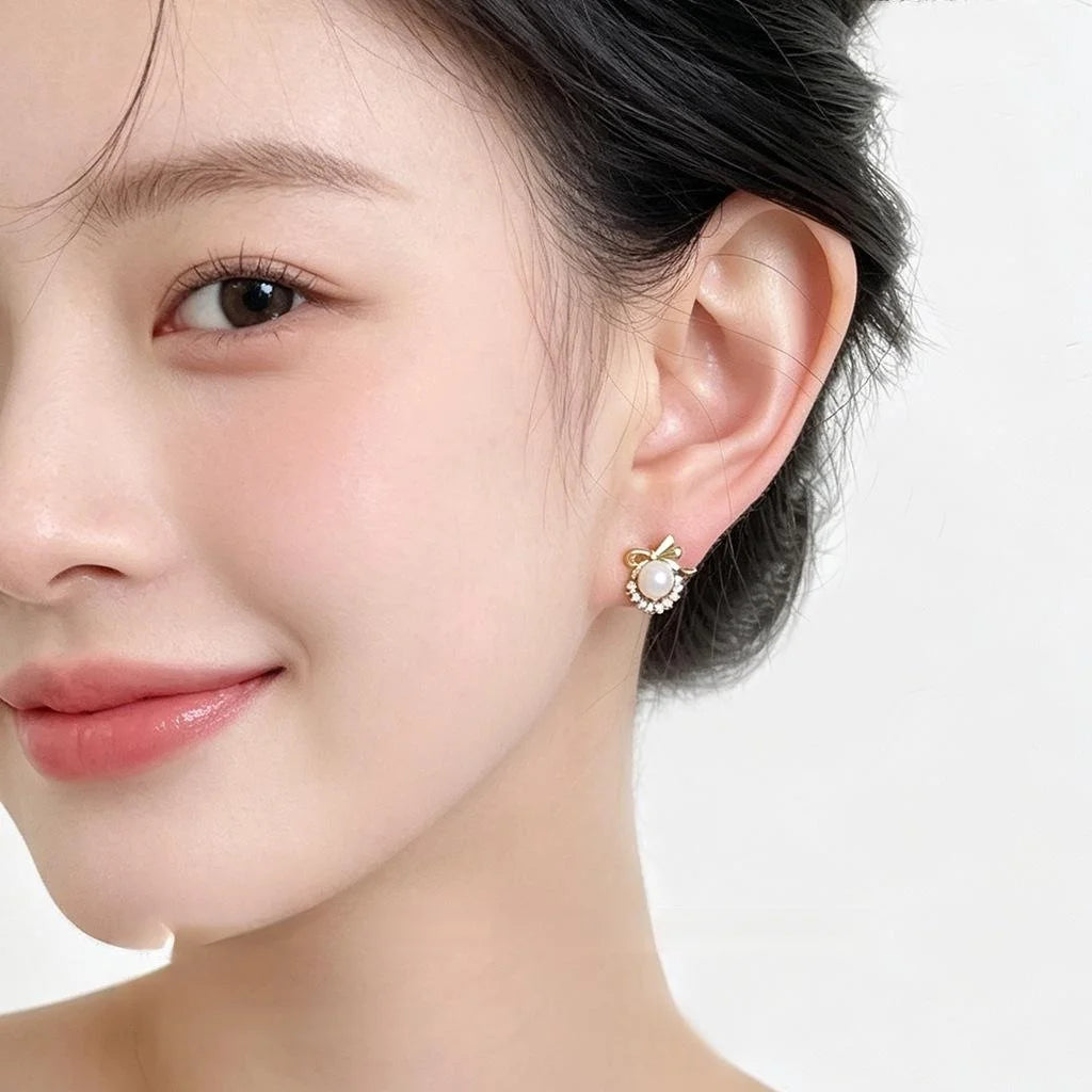 Copper Micro Pave Zircon Bow Pearl Stud Earrings, Sweet Princess Style Mini Jewelry