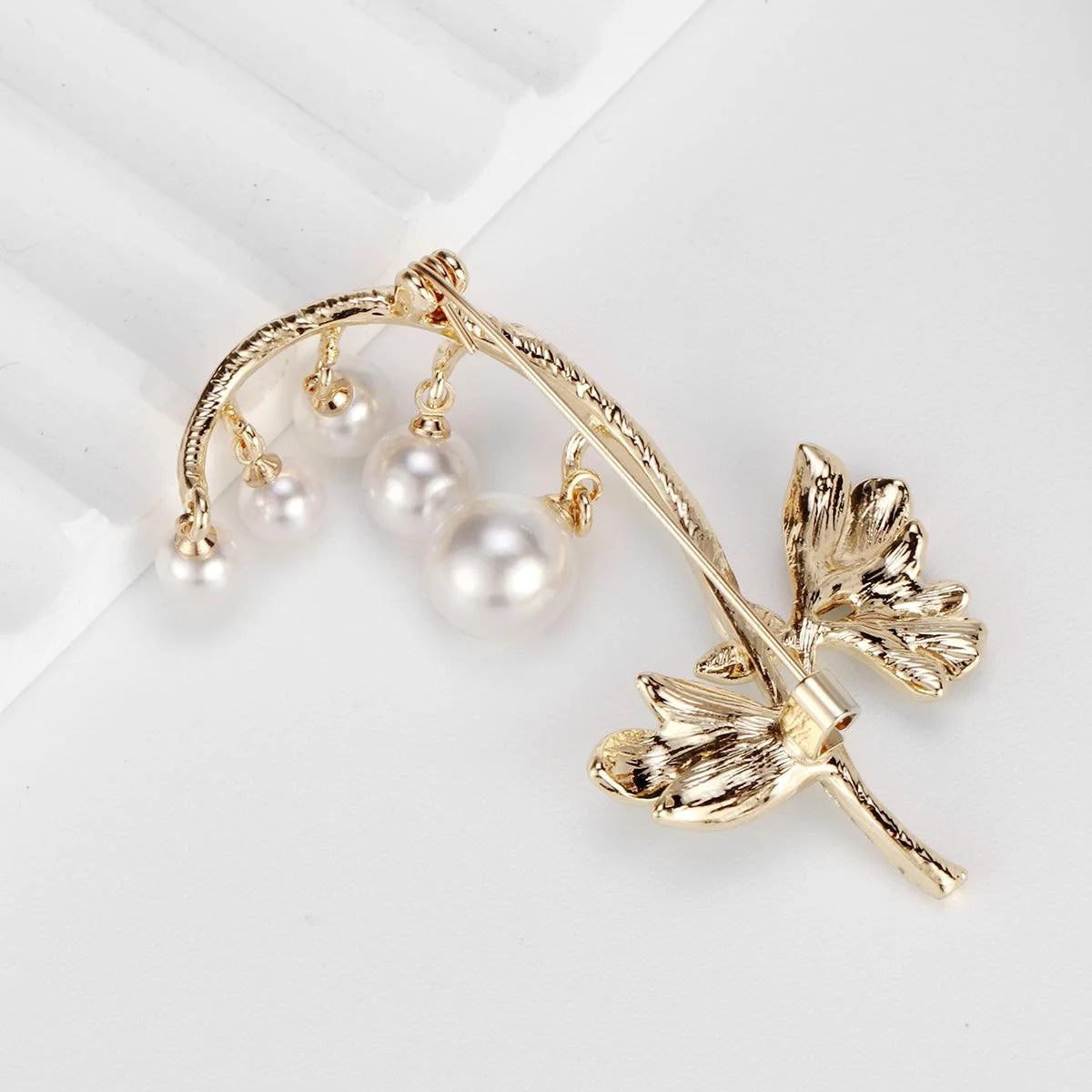 Elegant Lily Of The Valley Pearl Enamel Brooch In Gold Alloy, Rhinestone Floral Lapel Pin Suit Accessory