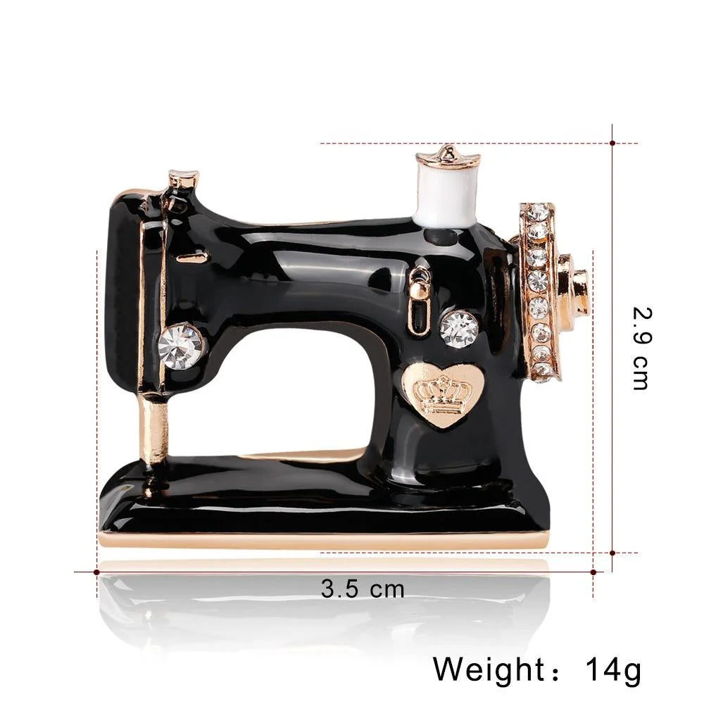 Vintage Black Enamel Sewing Machine Brooch With Rhinestones, Alloy Luxury Lapel Pin Suit Accessory Gift