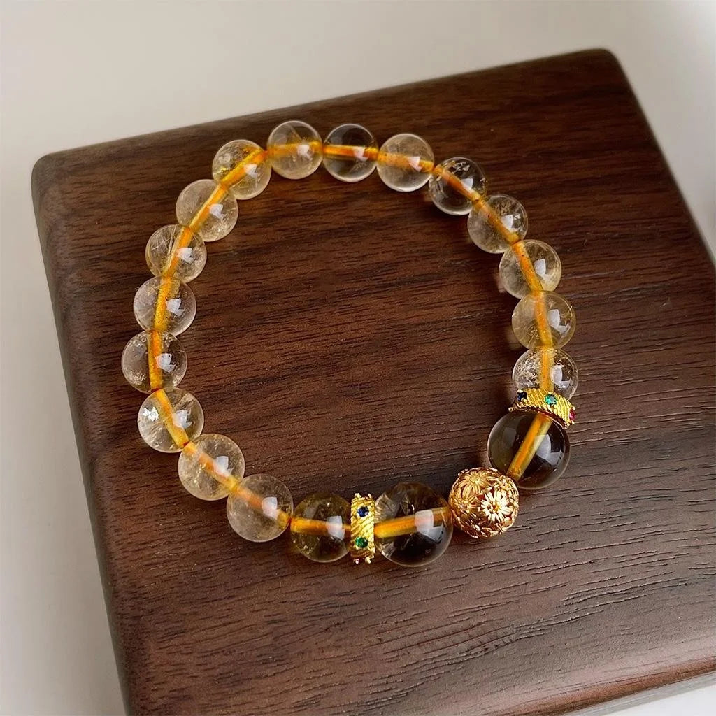 Golden Rutilated Quartz Natural Stone Geometric Round Bead New Chinese Vintage Handmade Bracelet
