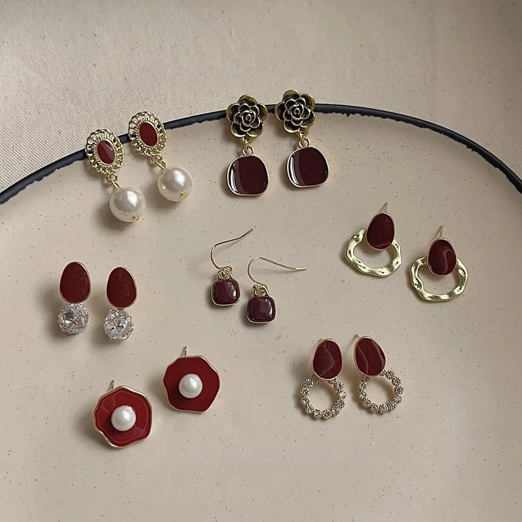 Hong Kong Style Vintage Burgundy Copper Silver Plated Floral Double Hoop Drop Earrings