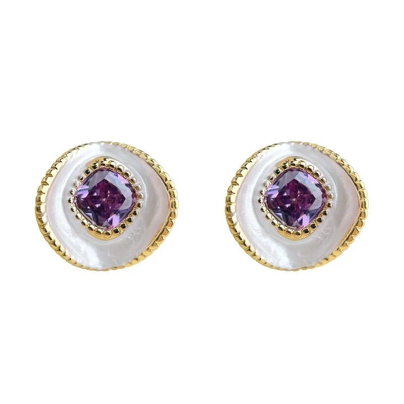 Fashion OL Elegant Purple Zircon Copper Geometric Curved Round Stud Earrings