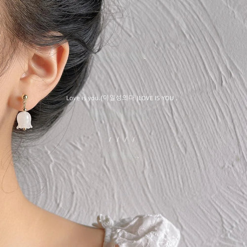 Handmade Tulip Glazed Glass Flower Drop Earrings Pastoral Sweet Minimalist Jewelry