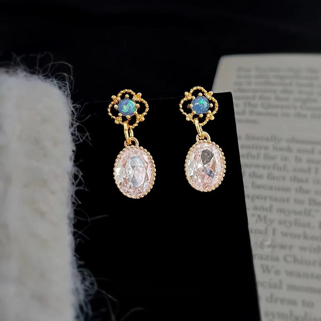 Light Luxury Copper Inlaid Zircon Resin Oval Geometric Floral Drop Earrings For Women