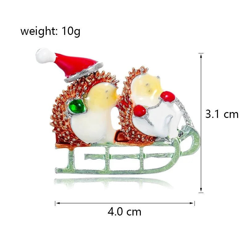 Cute Christmas Hedgehog Sled Enamel Rhinestone Brooch, Festive Alloy Lapel Pin Corsage Gift