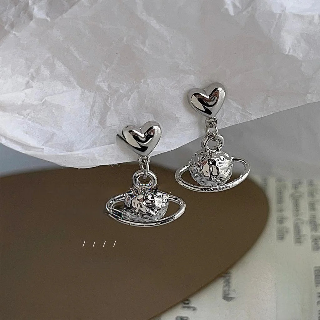 Sweet Cool Silver Tone Metal Planet Geometric Stud Earrings Style Minimalist Ear Jewelry