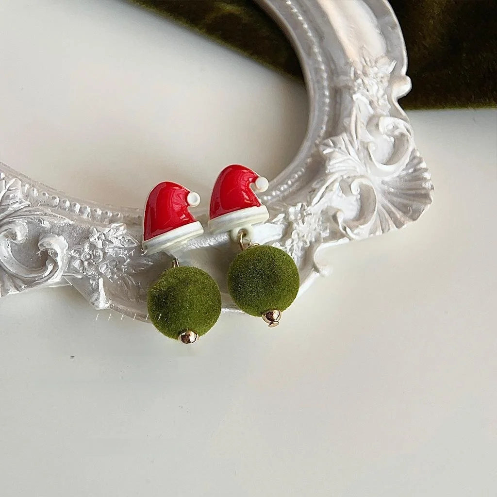 Premium Copper Christmas Santa Hat Pom Pom Drop Earrings Festive Green Red Winter Jewelry