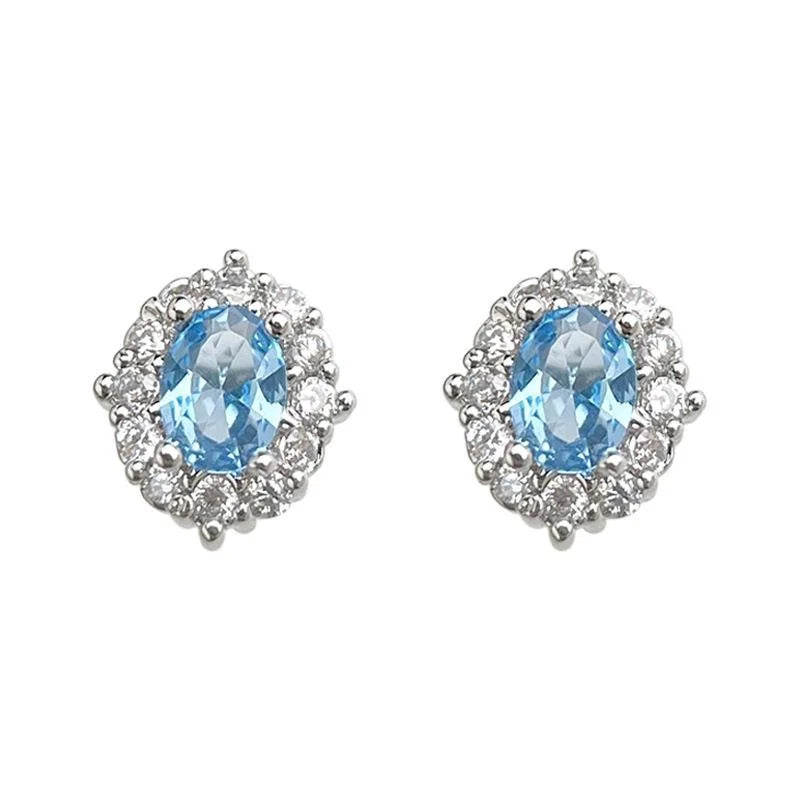 Silver Plated Copper Aquamarine Zircon Oval Stud Earrings, Simple Geometric Light Luxury Jewelry