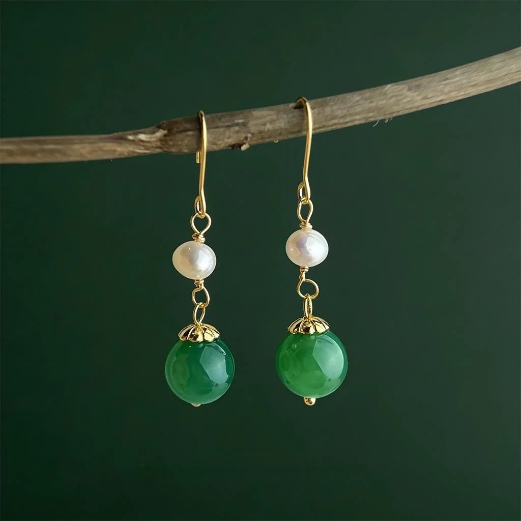 Handmade Green Agate Freshwater Pearl Geometric Bean Drop Earrings Vintage Palace Style