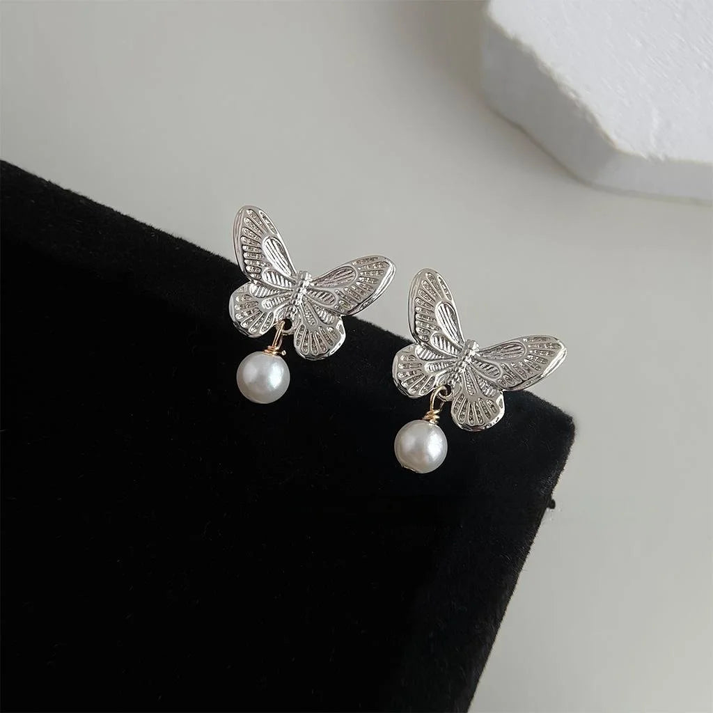 French Vintage Butterfly Stud Earrings Copper Glass Pearl Textured Handmade Palace Style
