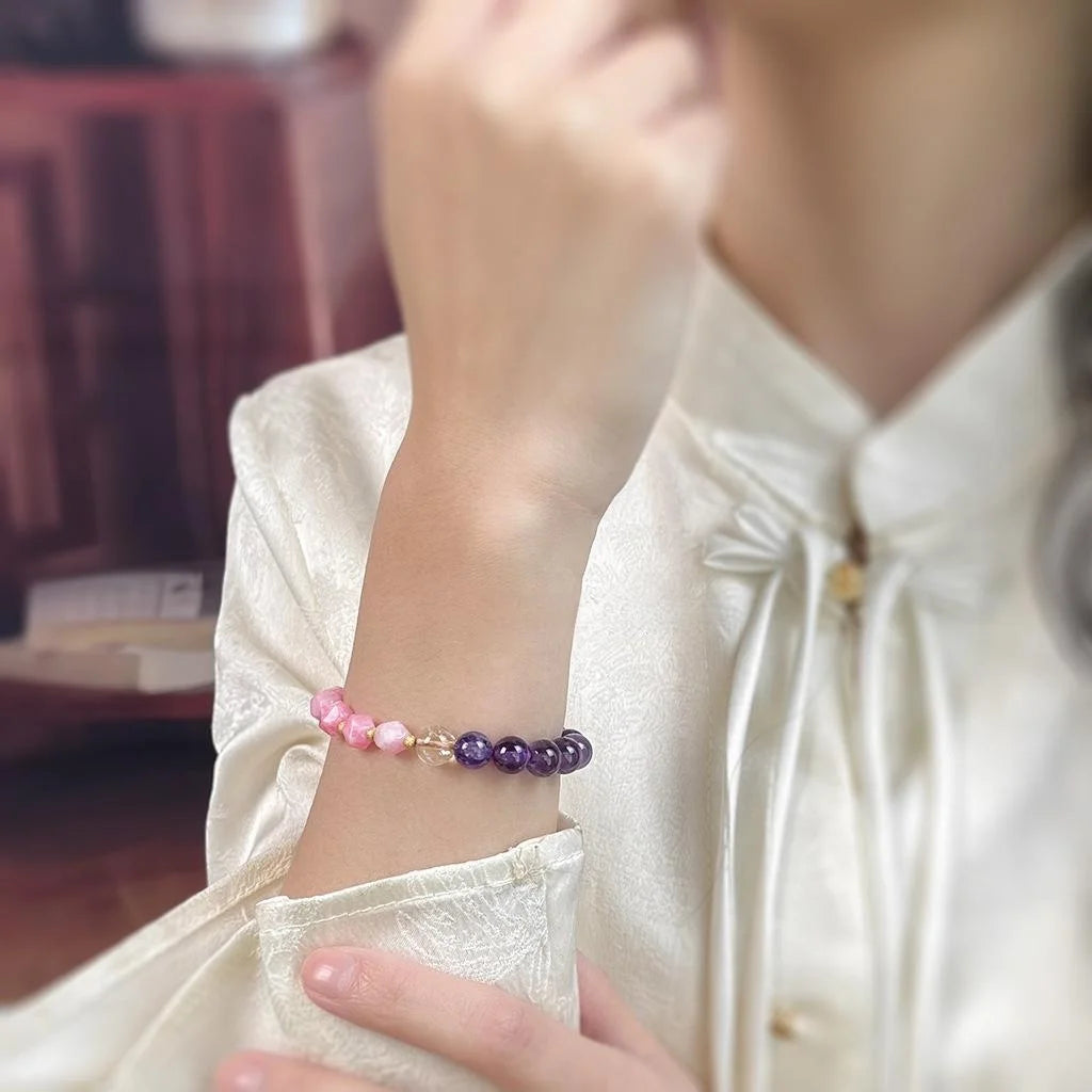 New Chinese Style Natural Stone Lavender Amethyst Geometric Round Ring Bracelet For Women