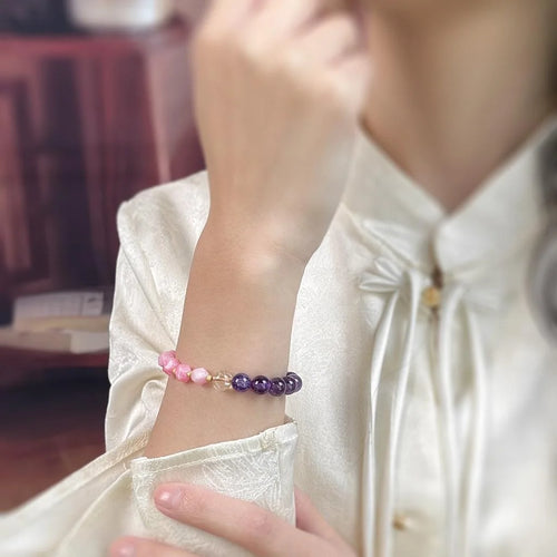 New Chinese Style Natural Stone Lavender Amethyst Geometric Round Ring Bracelet For Women