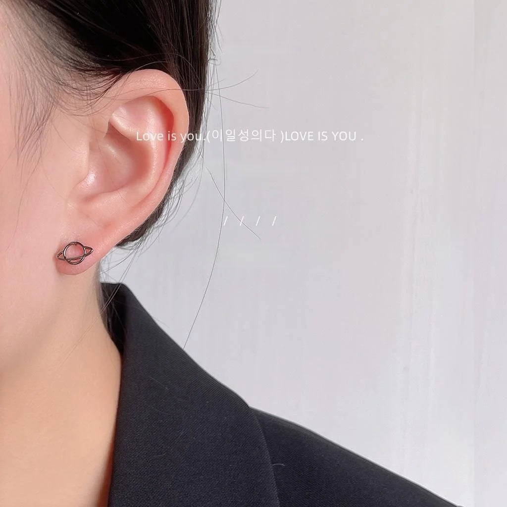 Asymmetric Mini Gunmetal Star Spaceship Copper Stud Earrings Minimalist Style