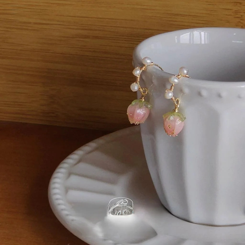 Japanese Sweet Enamel Strawberry Pearl Drop Earrings Elegant Girls Fashion Jewelry