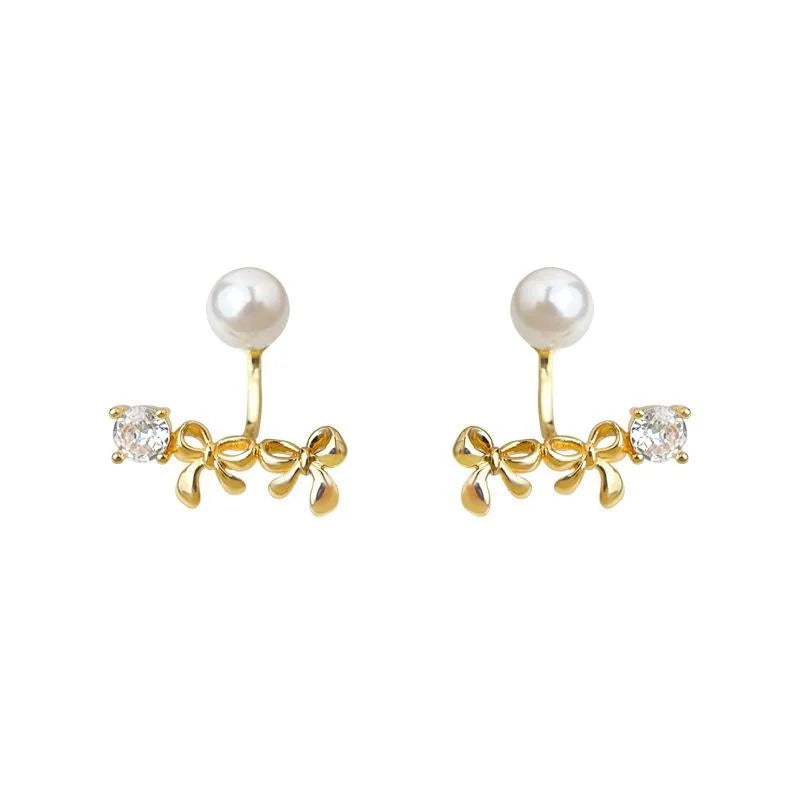 Korean Style Two Way 14K Plated Copper Bow Pearl Zircon Glass Stud Earrings
