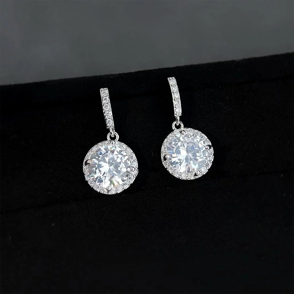 Sparkling Zircon Round Drop Earrings Eco Copper Silver Plated Light Luxury Geometric Jewelry