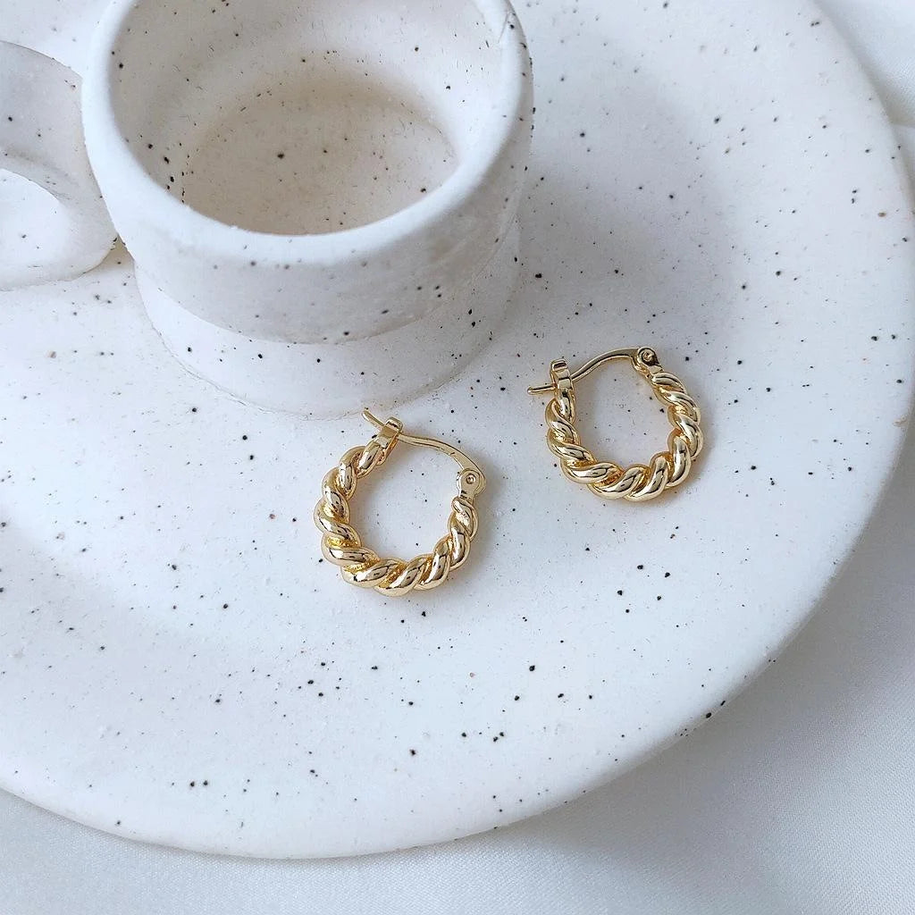 14K Gold Plated Copper Twisted Hoop Earrings Korean Style Small Versatile Jewelry For Women
