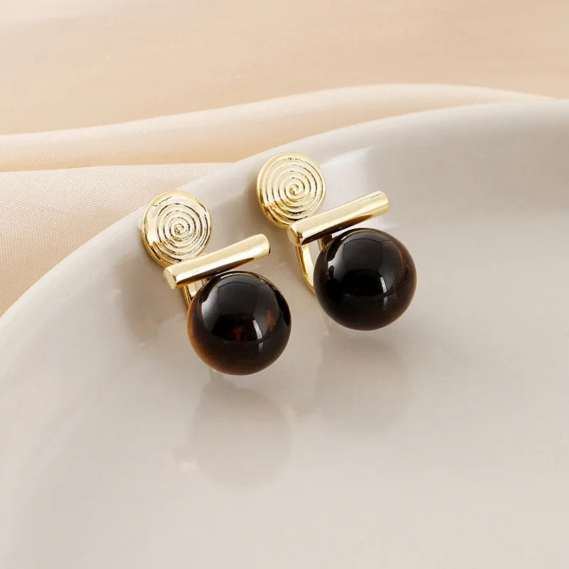Elegant Tiger Eye Stone Round Ball Gold Alloy Bar Stud & Clip On No Piercing Commuter Earrings