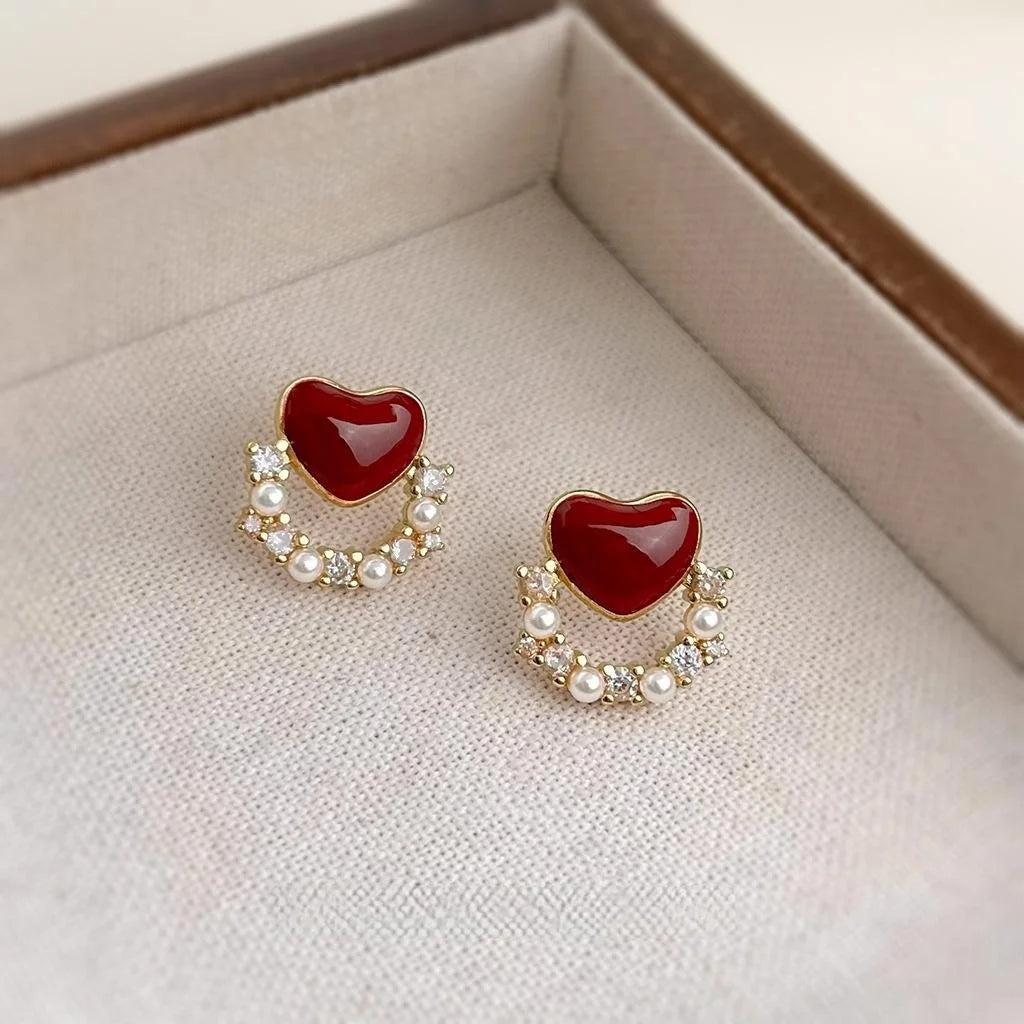 Burgundy Heart Stud Earrings Micro Pave Zircon Enamel Gold Plated Copper Vintage Style