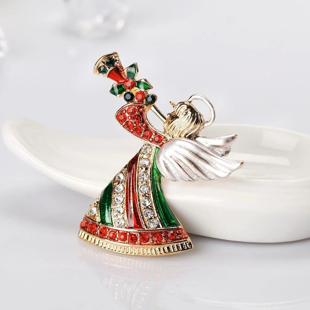 Luxury Christmas Angel Blowing Trumpet Alloy Enamel Rhinestone Brooch, Elegant Lapel Pin Corsage Gift