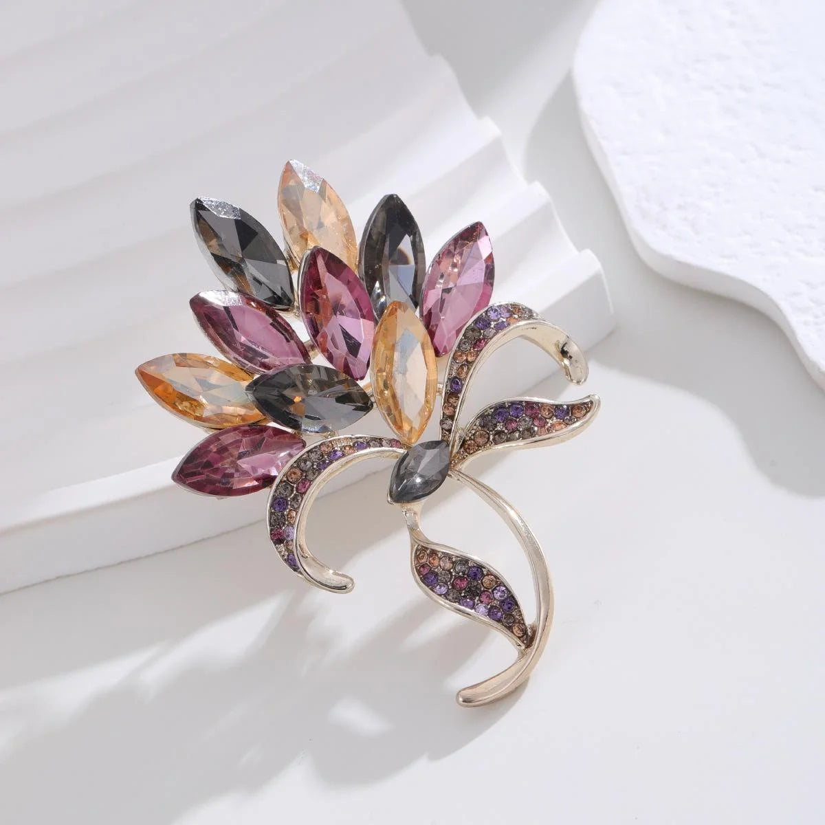 Luxury Colorful Marquise Crystal Bouquet Brooch With Rhinestone Bow, Elegant Lapel Pin Suit Accessory Gift