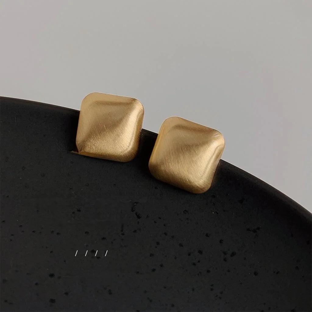 Brushed Matte Copper Square Geometric Stud Earrings With Silver Plated Pins