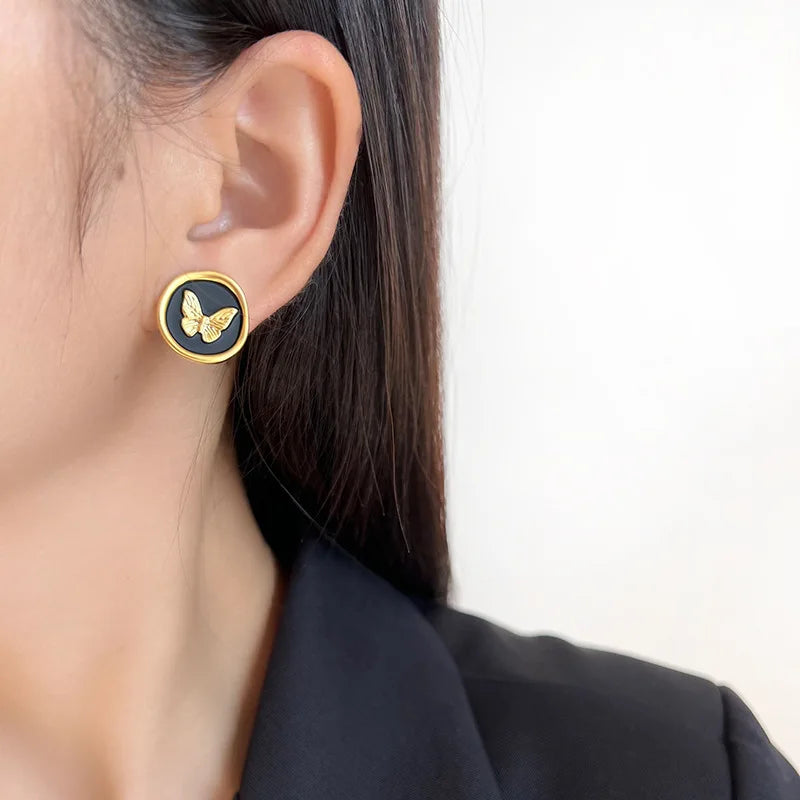Vintage Matte Gold Alloy Black Enamel Butterfly Round Stud & Clip On No Piercing French Style Earrings