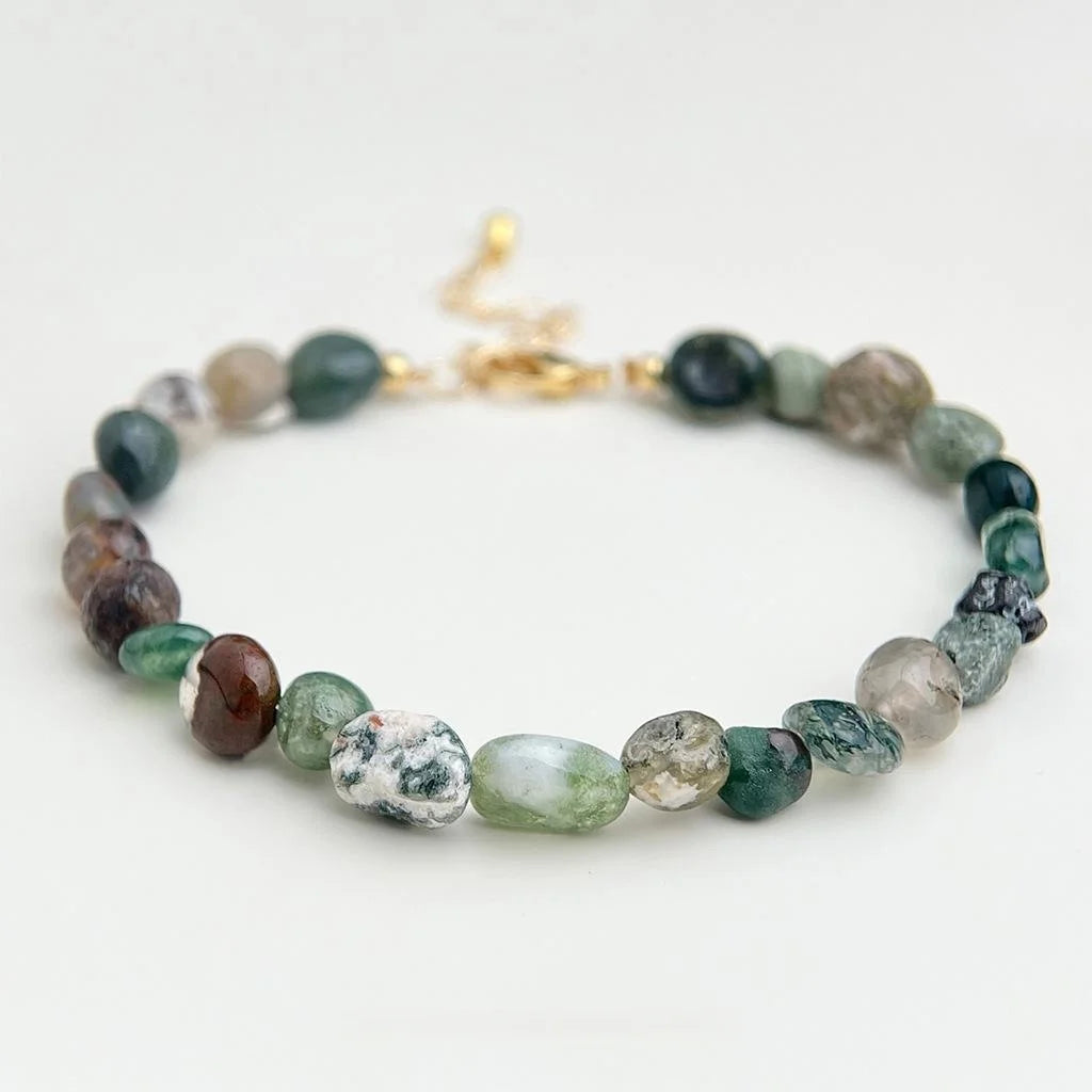 Handmade Moss Agate Bracelet Vintage Ethnic Irregular Geometric Natural Stone Jewelry