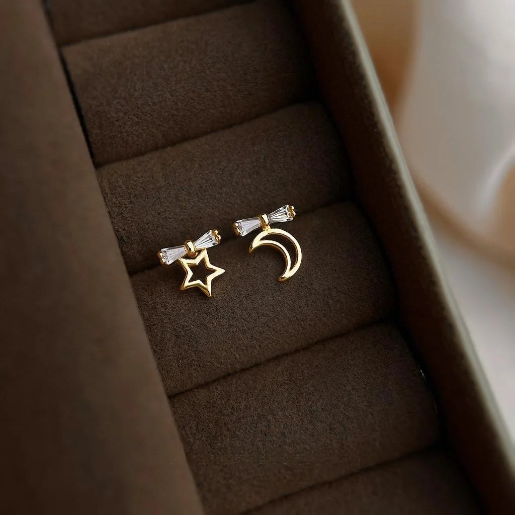 14K Plated Copper Asymmetric Star Moon Micro Pave Zircon Stud Earrings