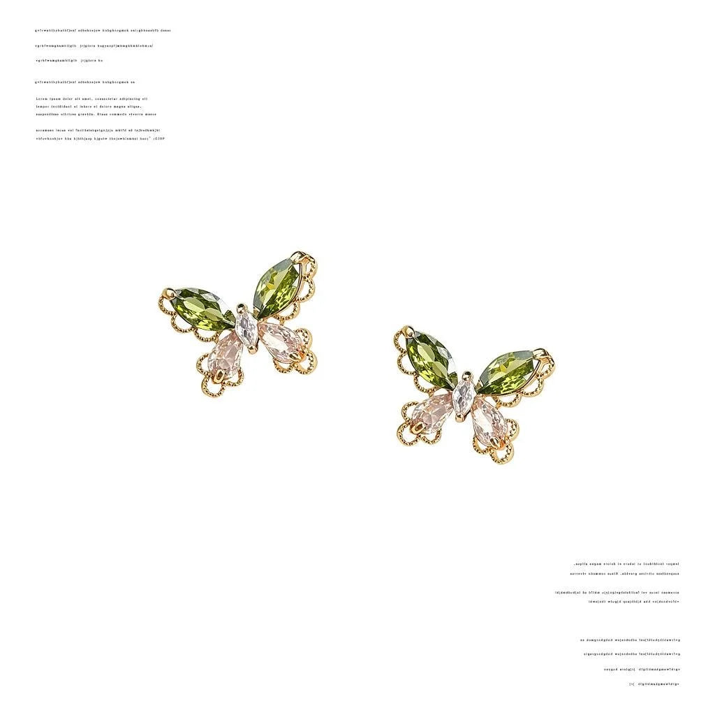 Light Luxury Forest Style Olive Green Zircon Butterfly Copper Stud Earrings for Women