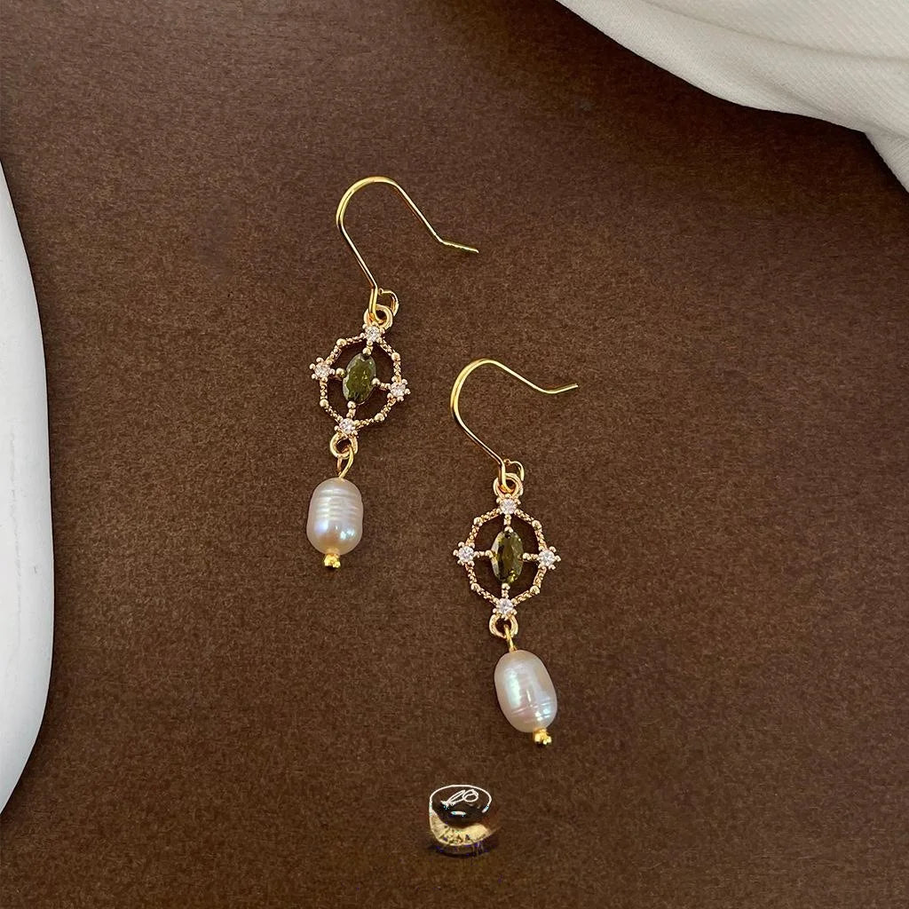 Freshwater Pearl Drop Earrings 14K Plated Micro Pave Zircon Geometric Oval Hoop Minimalist Style