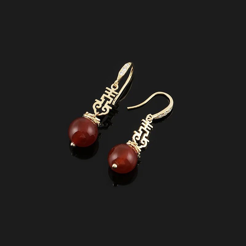 Elegant Chinese Double Happiness Red Agate Bead Alloy Stud & Clip On No Piercing Bridal Drop Earrings