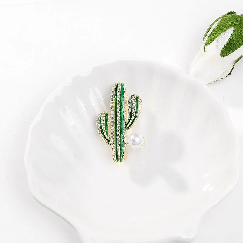 Elegant Green Enamel Cactus Brooch With Rhinestone Stripes And Pearl Accent, Women's Lapel Pin Gift